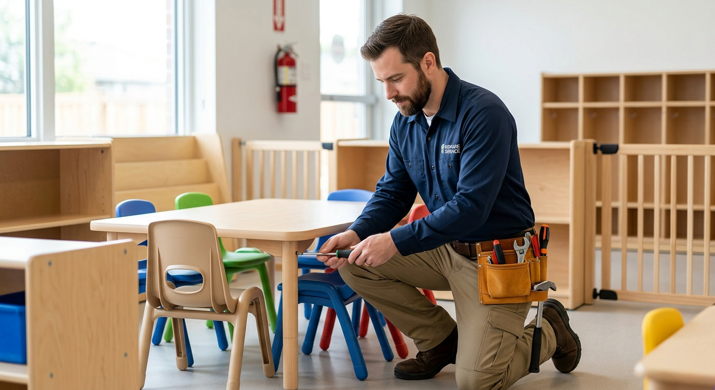 Maintenance professional inspecting daycare furniture during scheduled service visit