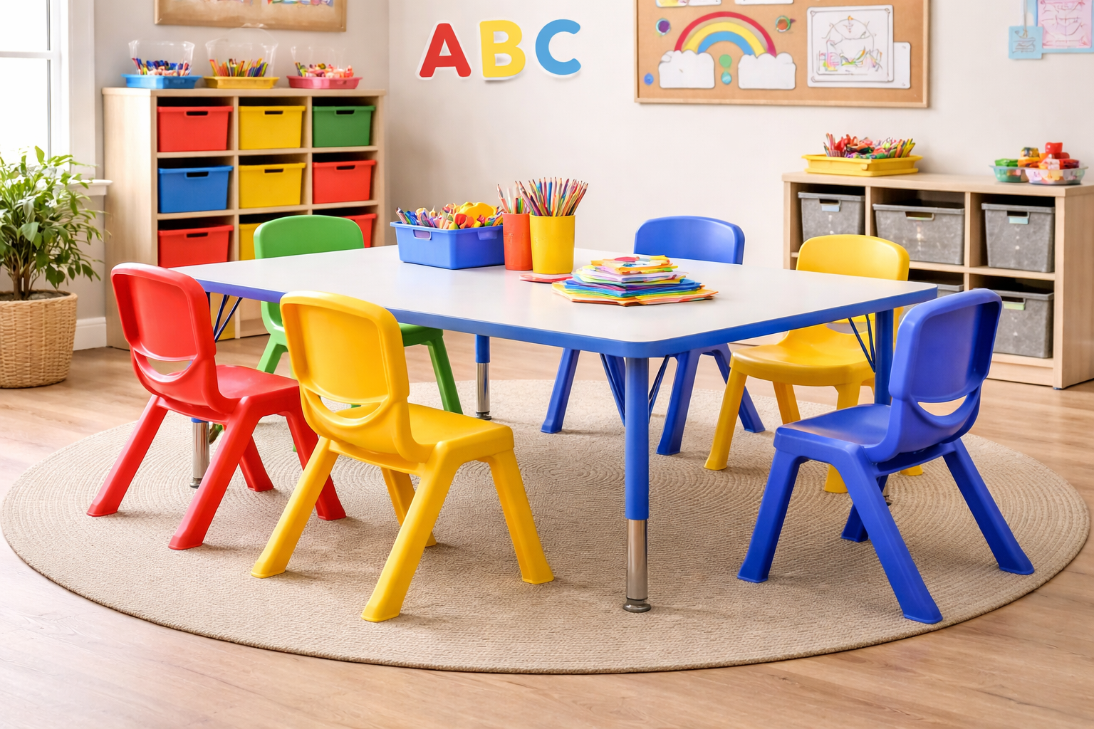 Preschool classroom scene with kids using 24 x 45 rectangular activity table