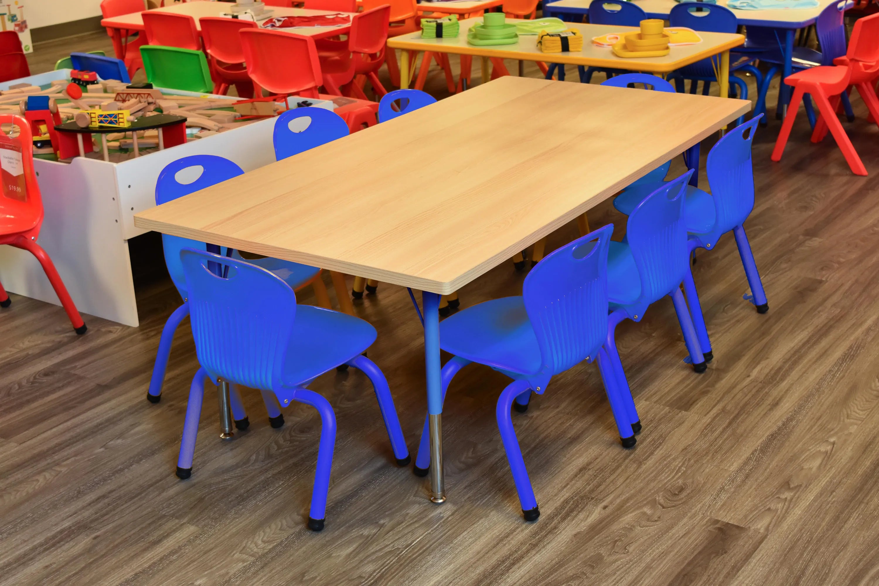 30x60 Natural Table with 8 Metal Chairs Set – Kidicare daycare supplies