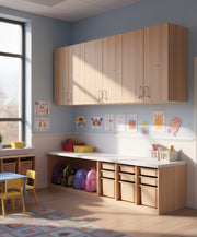 Children's playroom with wooden cabinets, desk, and colorful backpacks.