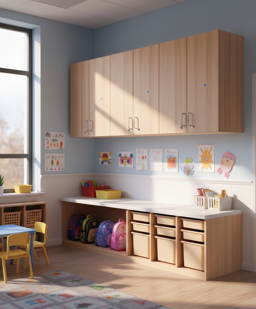 Children's playroom with wooden cabinets, desk, and colorful backpacks.