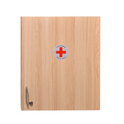 A medical cabinet with a lock featuring a natural wood color finish and a red medical alert symbol on the front door.
